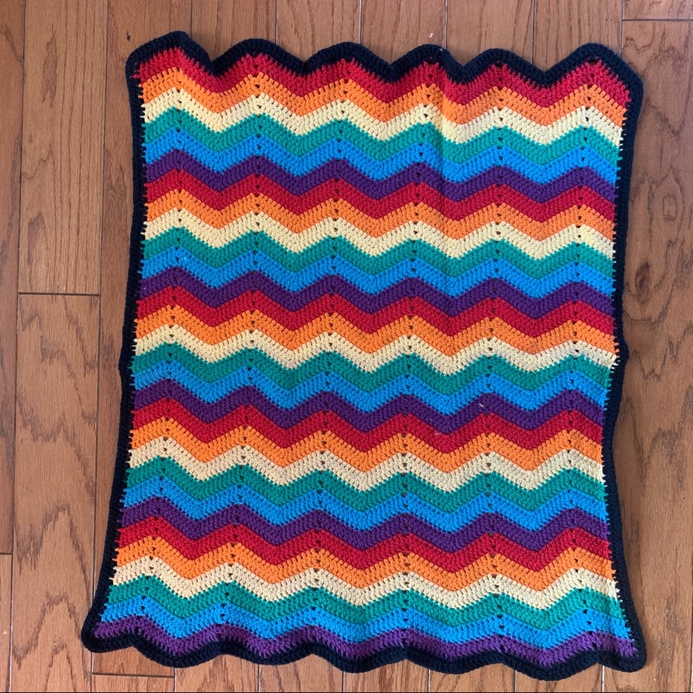 Vintage Rainbow Crochet Hand Knit Rainbow Afghan Throw Accent Granny Blanket